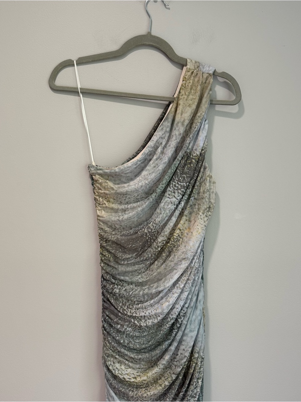 Express Mesh Printed One Shoulder Asymmetrical Midi Dress